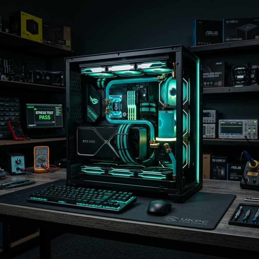 Custom-built gaming PC with teal RGB lighting
